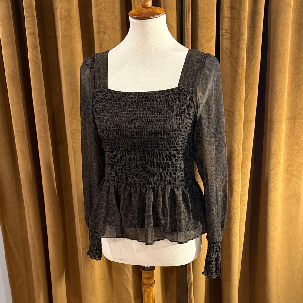 Nine West Black and Brown Square Neck Peplum Top with Sheer Sleeves / Small
